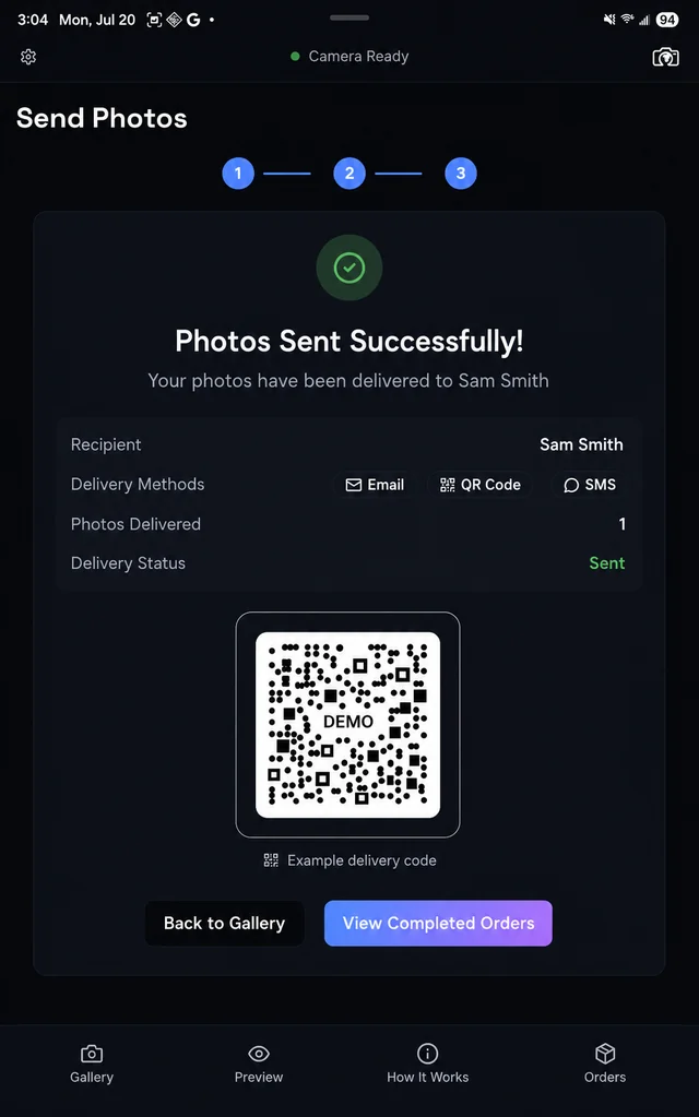 Photo delivery confirmation screen